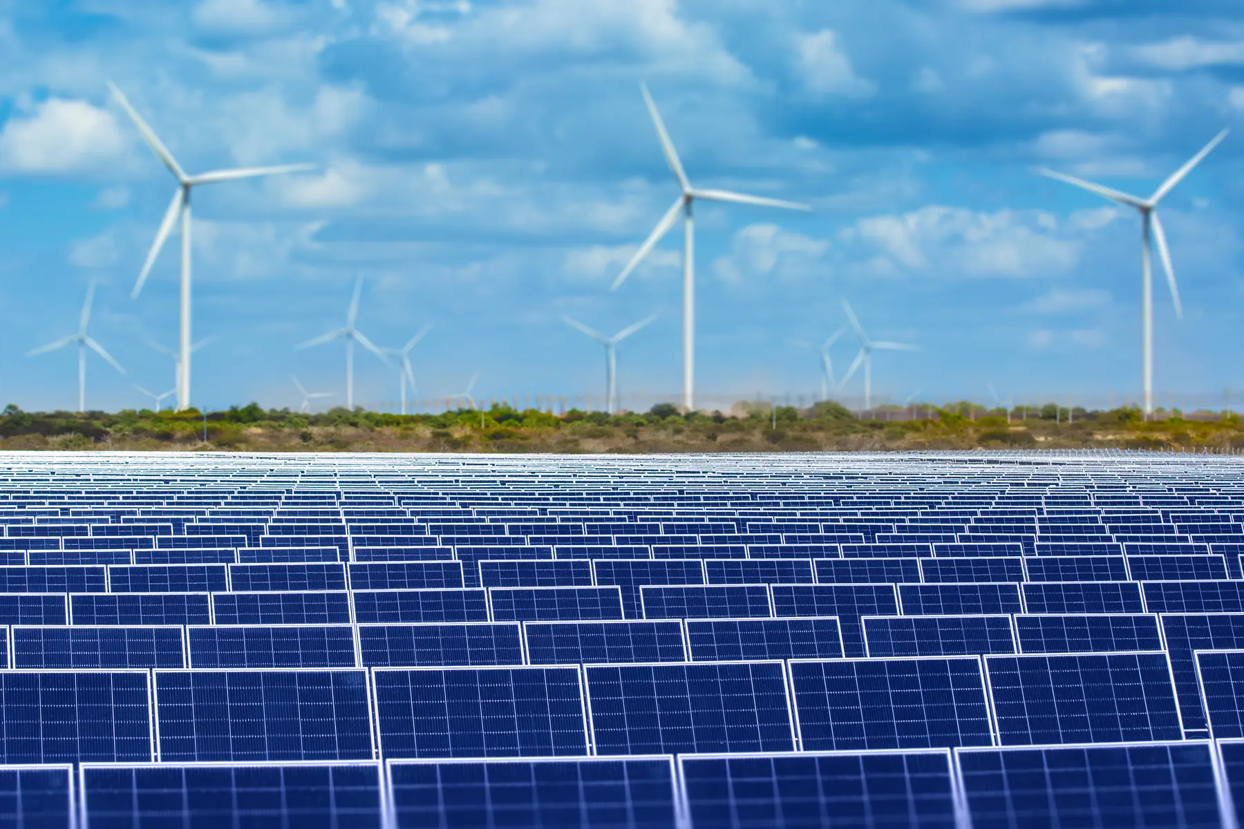 Parque híbrido de energia renovável no Nordeste brasileiro com painéis solares e turbinas eólicas