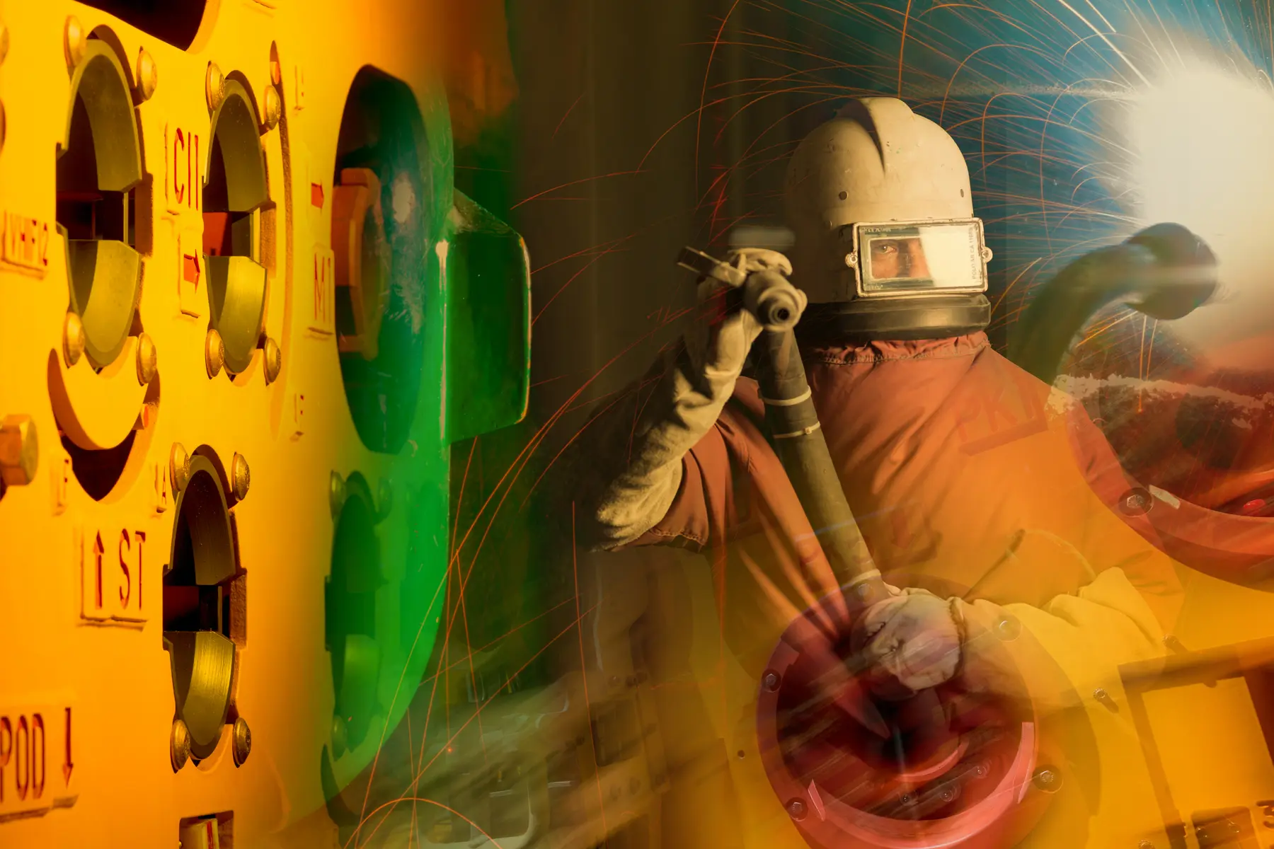 Imagem artística representa etapas do processo industrial para construção de árvore de natal molhada na TechnipFMC Pavuna RJ