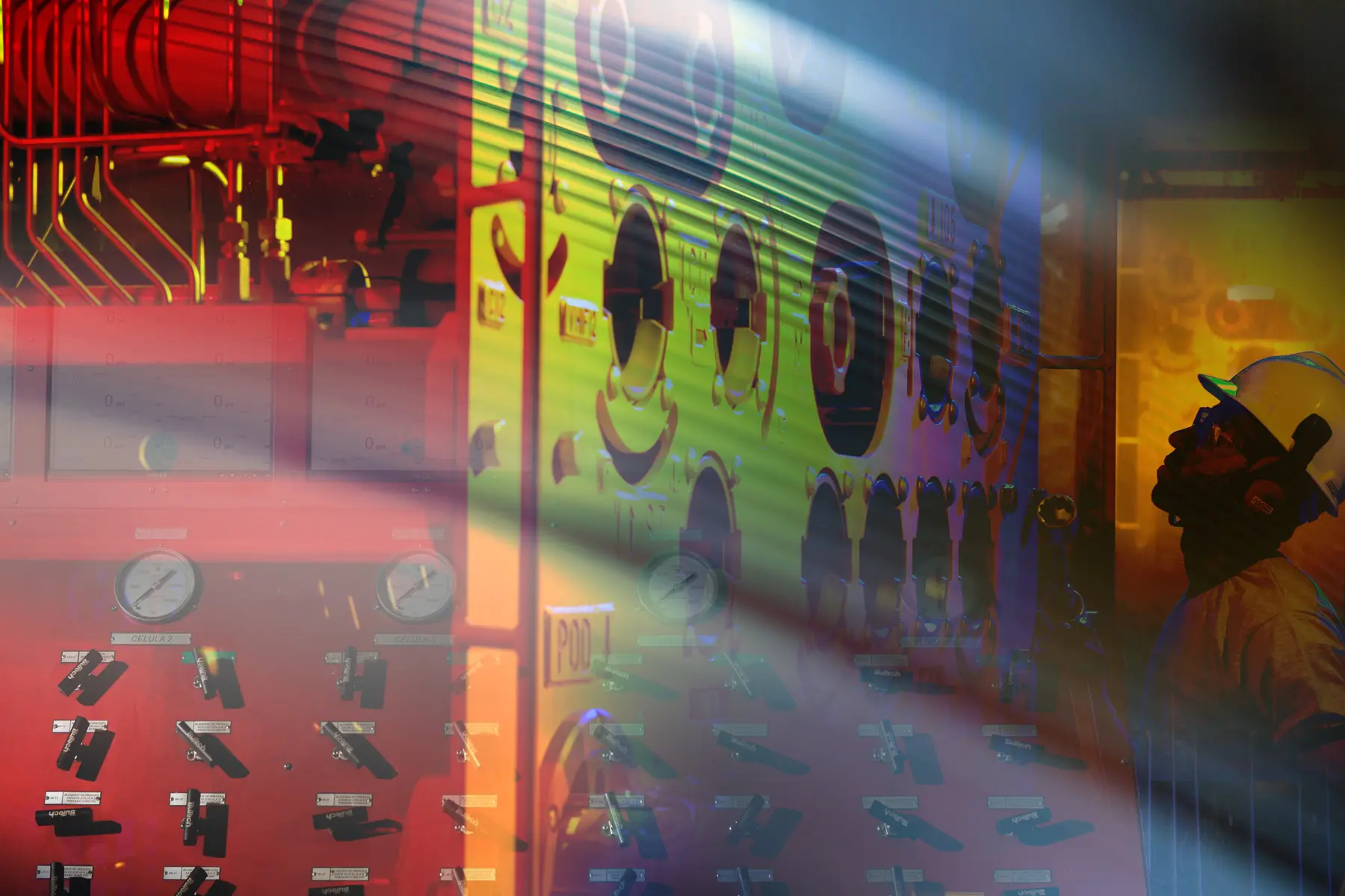 Imagem artística representa etapas do processo industrial para construção de árvore de natal molhada na TechnipFMC Pavuna RJ