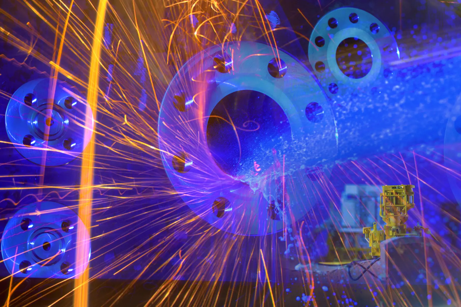 Imagem artística representa etapas do processo industrial para construção de árvore de natal molhada na TechnipFMC Pavuna RJ