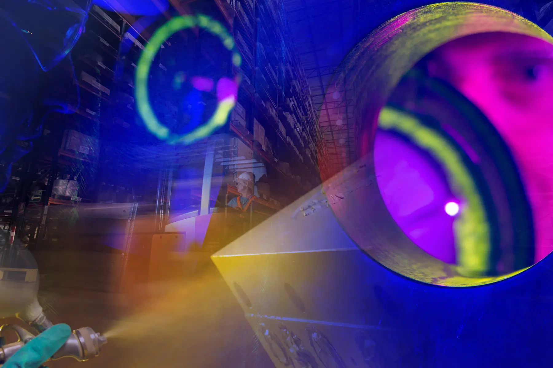 Imagem artística representa etapas do processo industrial para construção de árvore de natal molhada na TechnipFMC Pavuna RJ