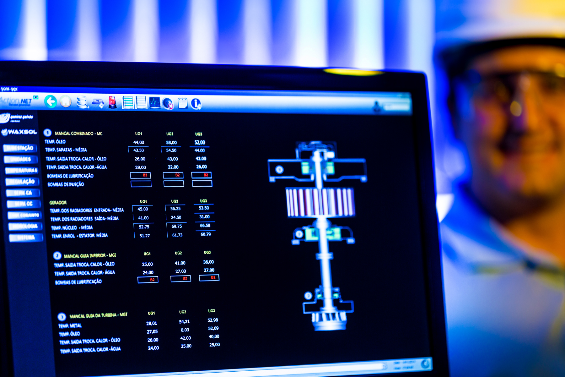 Interface técnica com dados de temperatura e operador com capacete em ambiente industrial