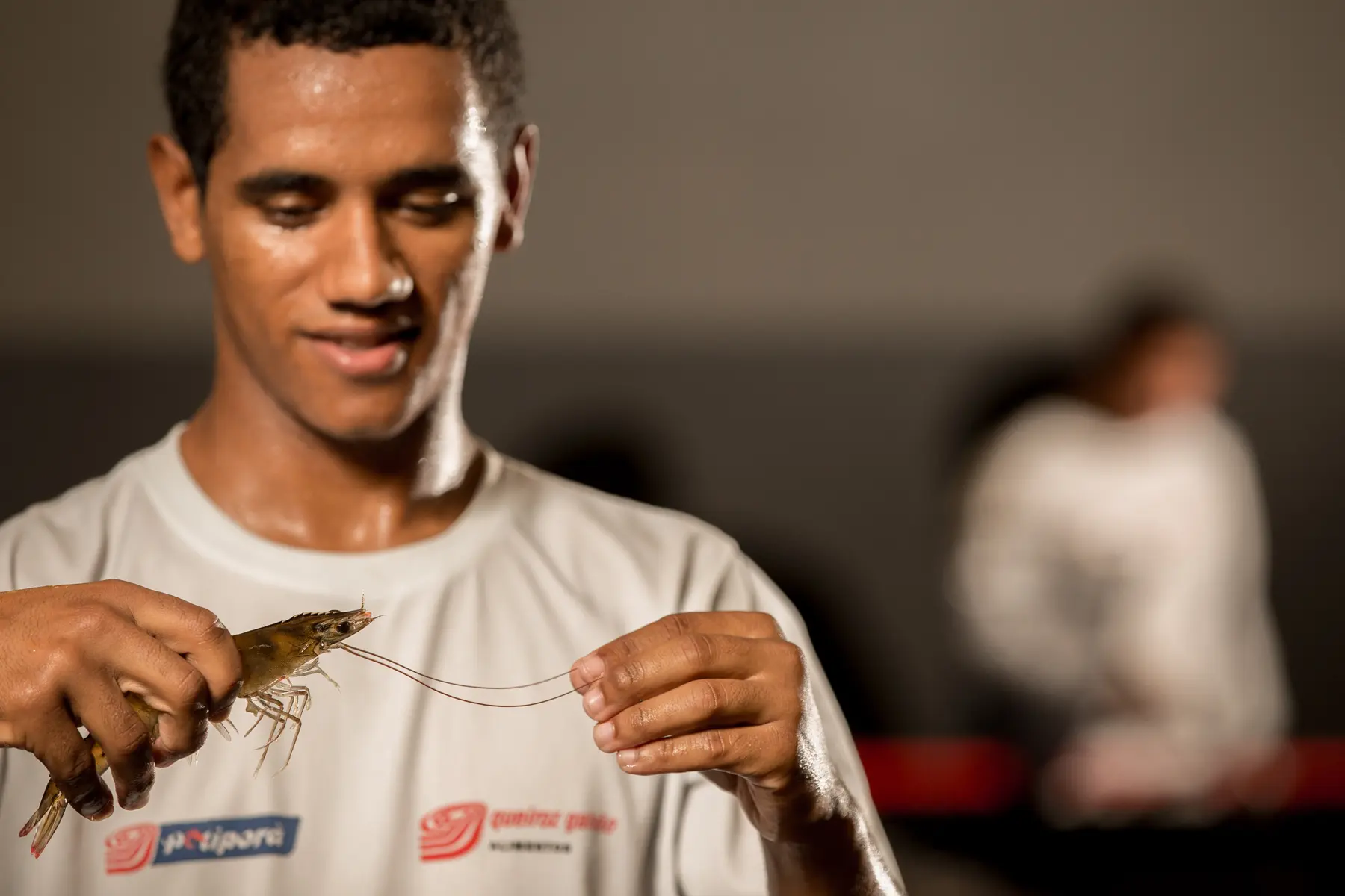 Mãos segurando camarão grande em inspeção técnica