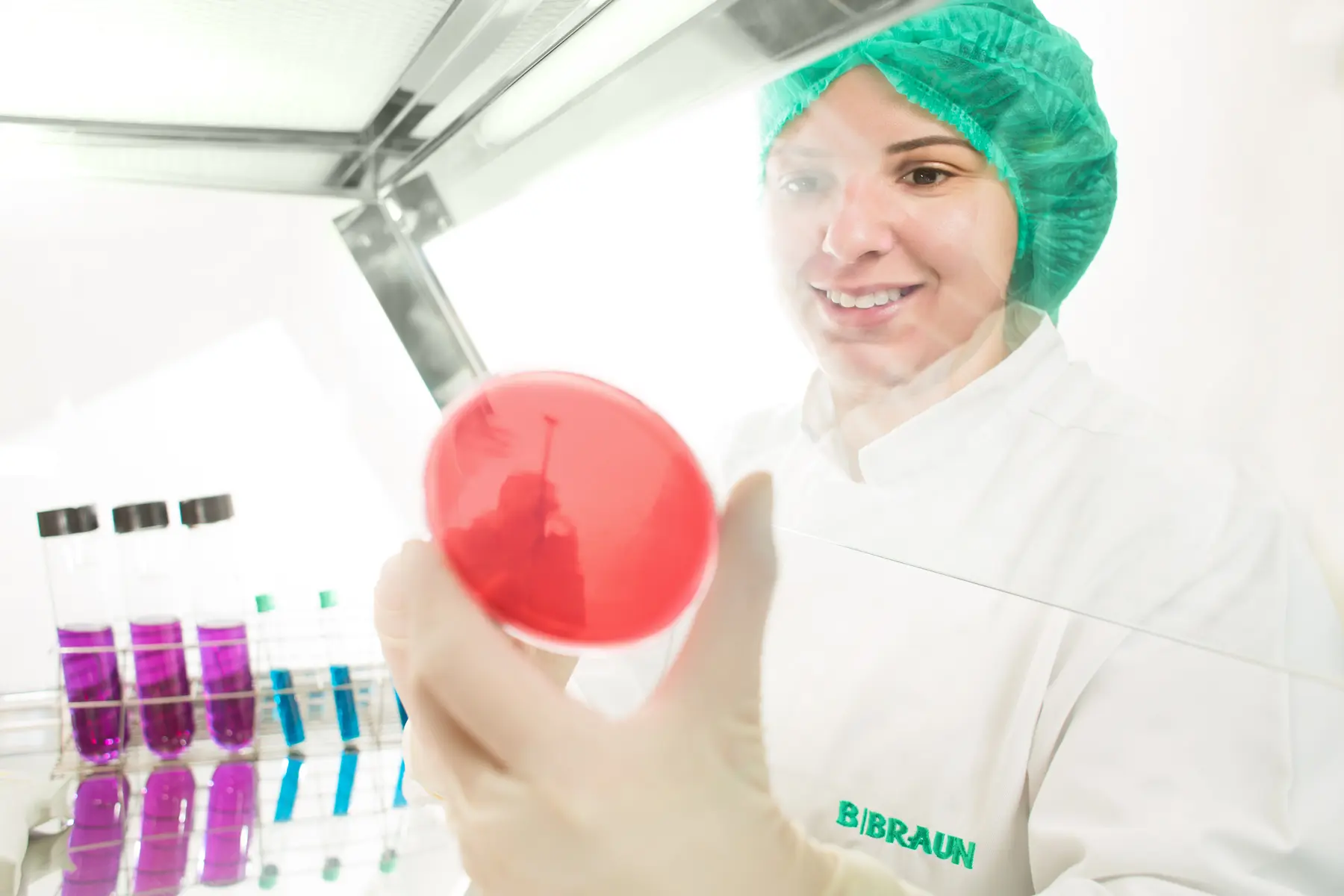 Colaboradora da B. Braun manipulando placa de petri em ambiente laboratorial estéril com tubos de ensaio ao fundo.