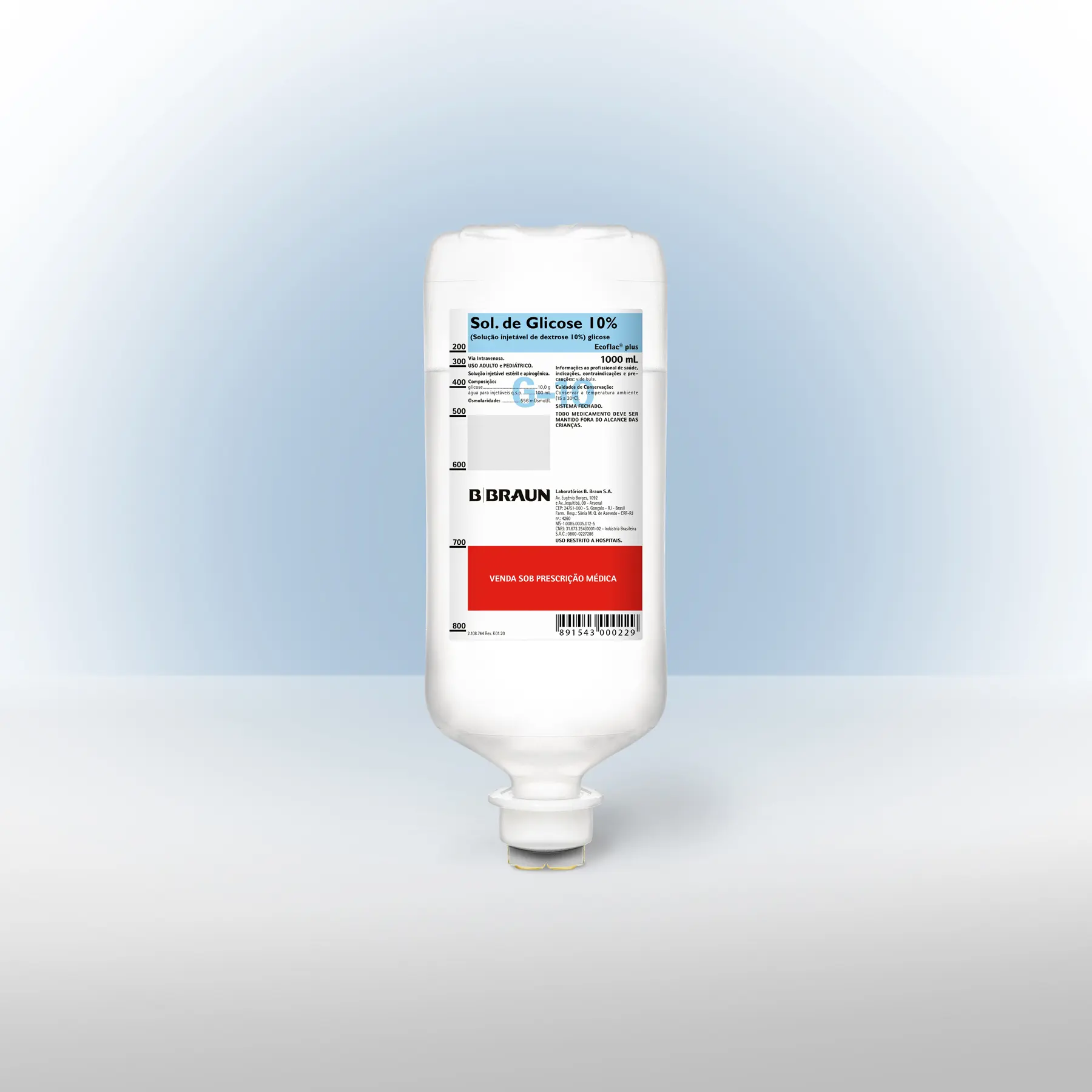 Bolsa de solução intravenosa B. Braun com glicose 10% para nutrição e hidratação hospitalar.