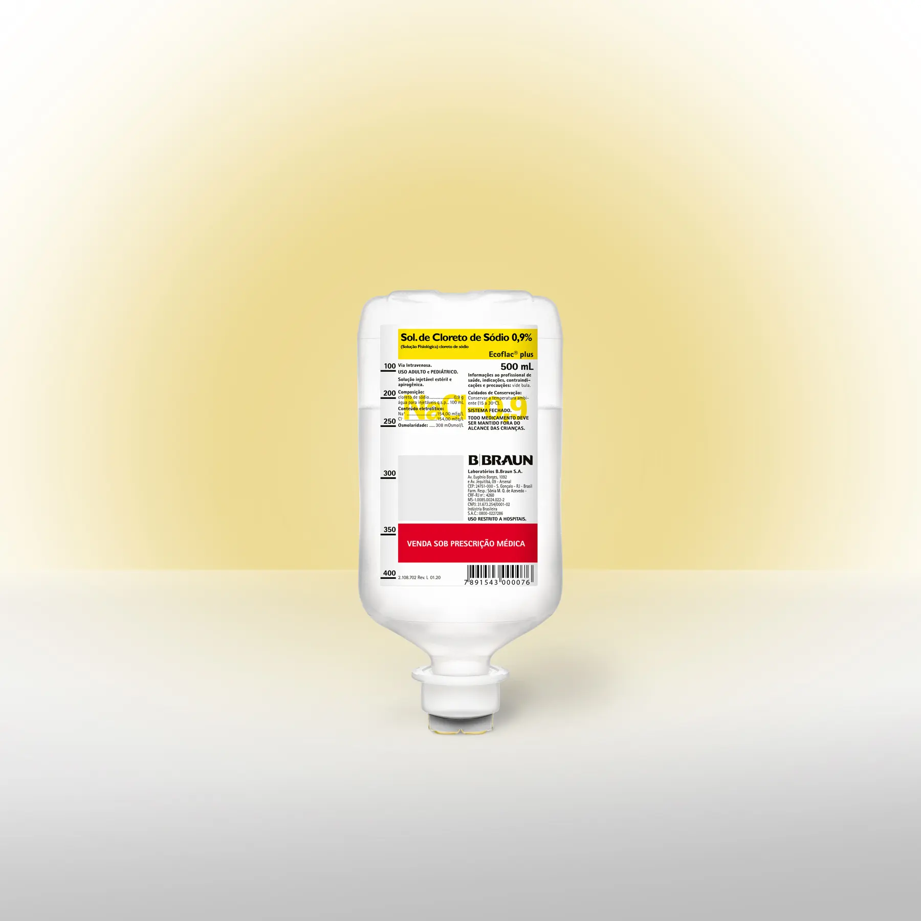 Bolsa de solução intravenosa B. Braun com cloreto de sódio 0,9% para uso hospitalar.